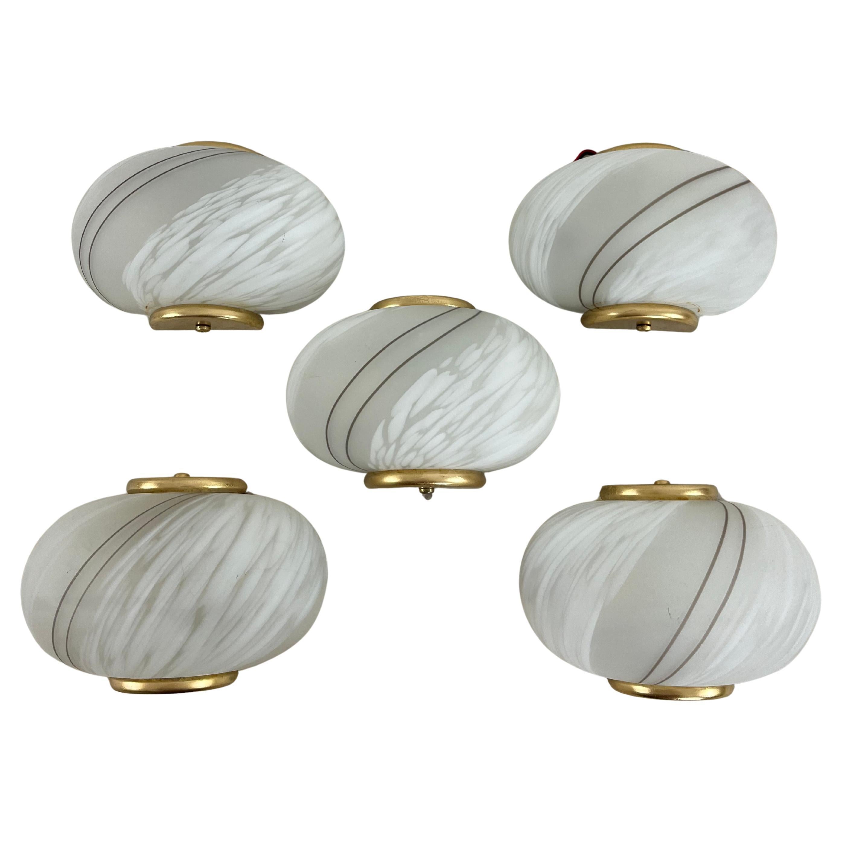 Set Of 5 Mid-century Curved Murano Glass Shell Wall Lamps, 1960s