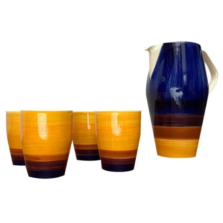 Set of 5 Mid-Century German Handpainted Decor 507 Ceramic Jug with Mugs, 1960s For Sale