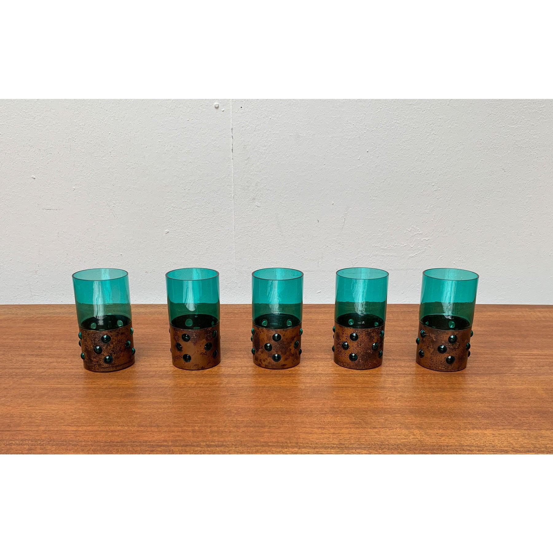 Juego de 5 vasos de vidrio verde y cobre de mediados de siglo, Nanny Still, años 60 siglo XX en venta