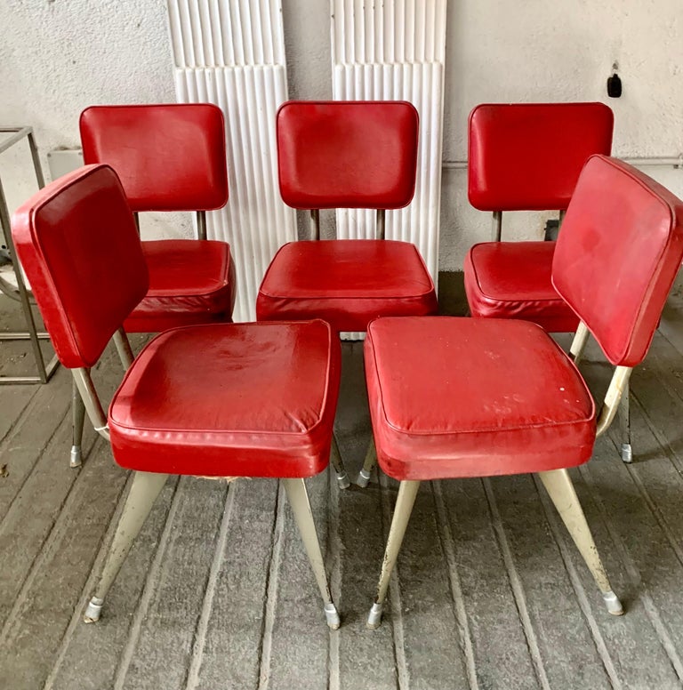 Set of 5 Mid Century Italian Industrial Desing Metal and Red Chairs For