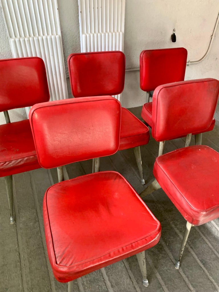 Set of 5 Mid Century Italian Industrial Desing Metal and Red Chairs For