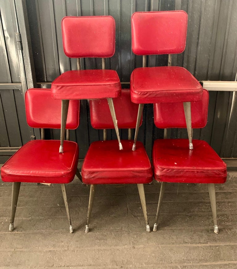 Set of 5 Mid Century Italian Industrial Desing Metal and Red Chairs For