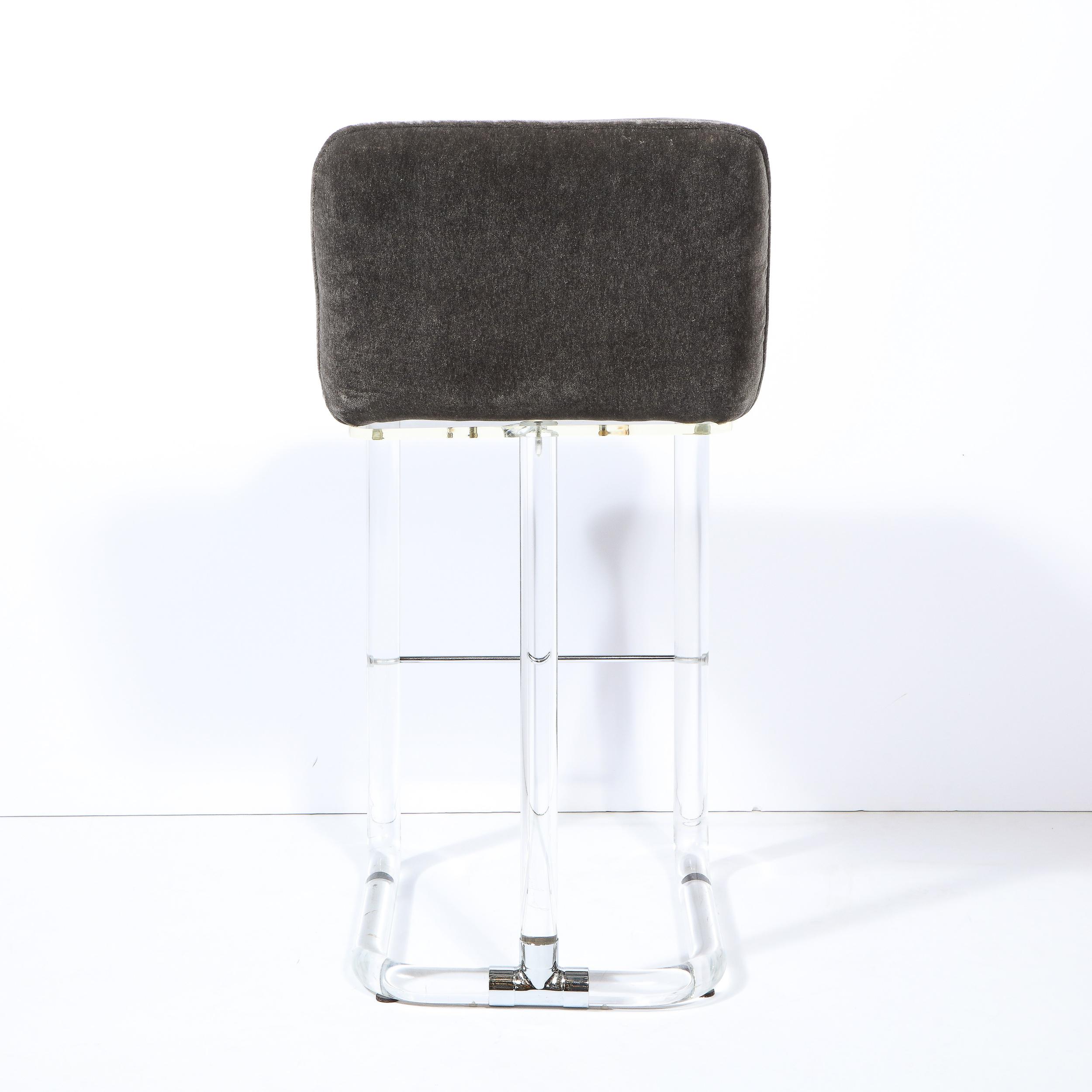 Set of 5 Mid Century Lucite & Chrome Bar Stools in Slate Mohair by Lion in Frost 5