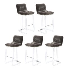Set of 5 Mid Century Lucite & Chrome Bar Stools in Slate Mohair by Lion in Frost