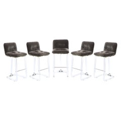 Set of 5 Mid Century Lucite & Chrome Bar Stools in Slate Mohair by Lion in Frost