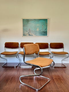 Satz von 5 verchromten Zig Zag Stühlen aus braunem Samt, circa 1960er Jahre