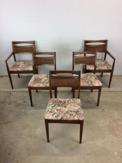 Set of 5 Mid Century Modern Dining Chairs with Caned Back & Vintage Upholstery