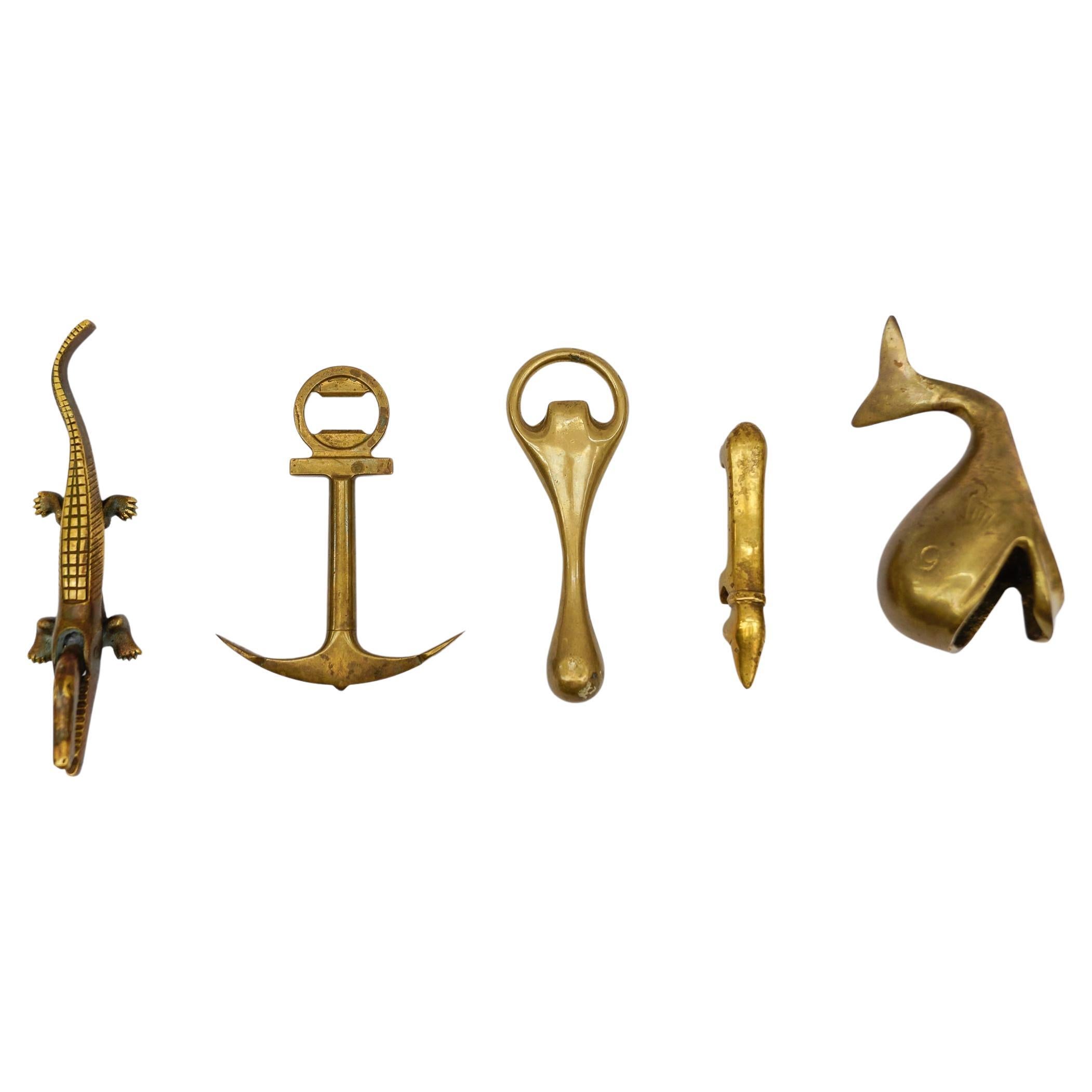 Set di 5 apribottiglie in ottone massiccio della metà del secolo scorso e altro, Austria, anni '60