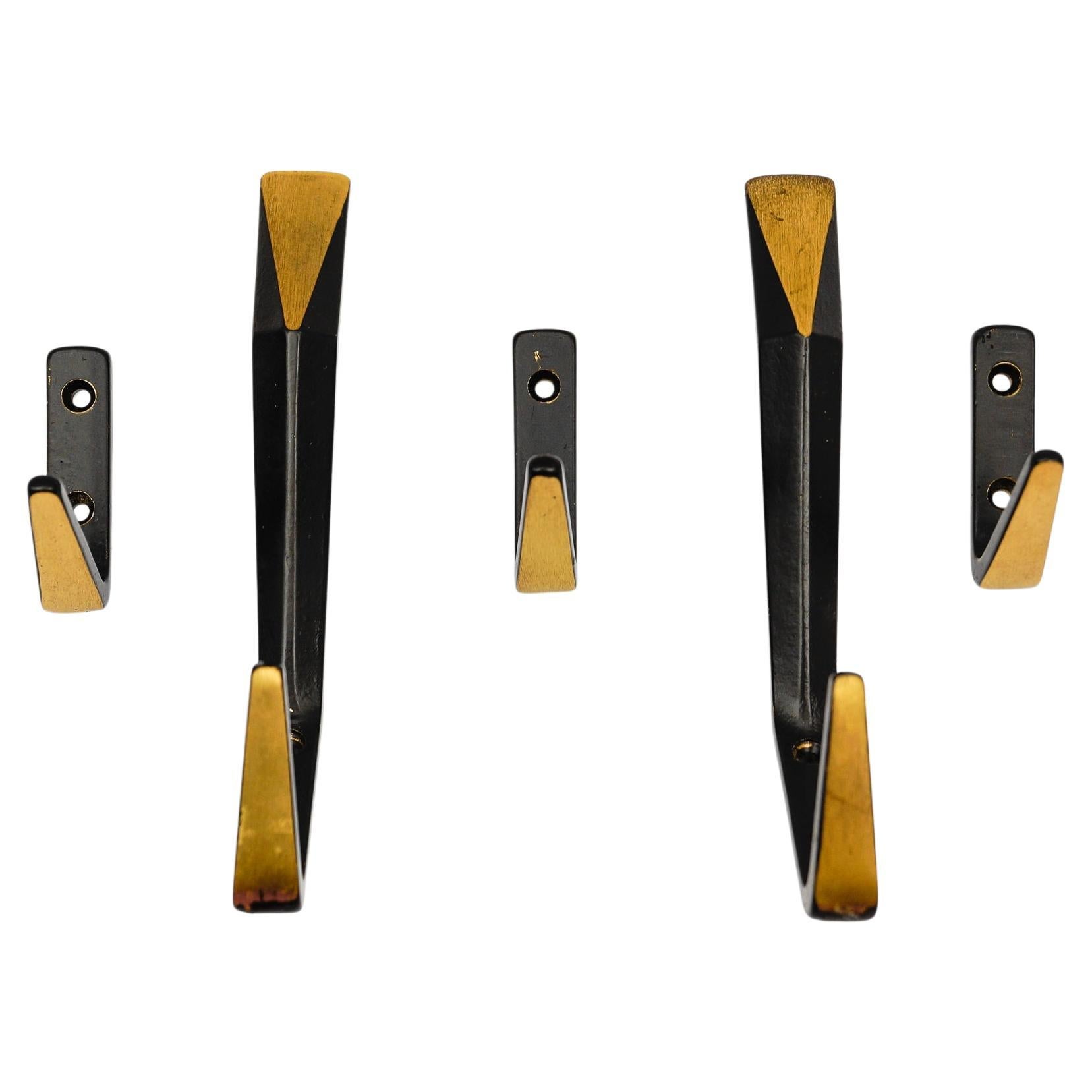 Set of 5 Mid-Century Modern Massive Brass Wall Hooks, Austria, 1960s