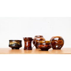 Set of 5 Mid-Century Studio Pottery Vase, Carafe, Bowls and Candle Holder, 1960s