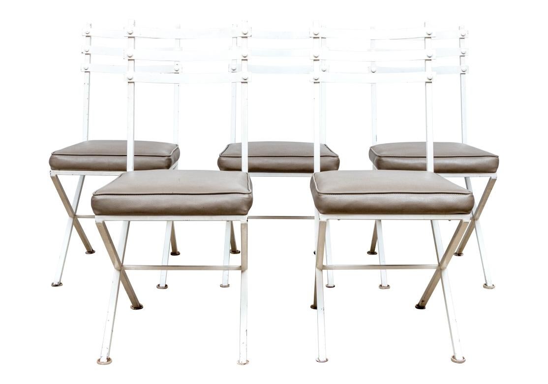 Set Of 5 Mid Century Style Paint Decorated Iron Chairs With Faux Leather Seats For Sale 5