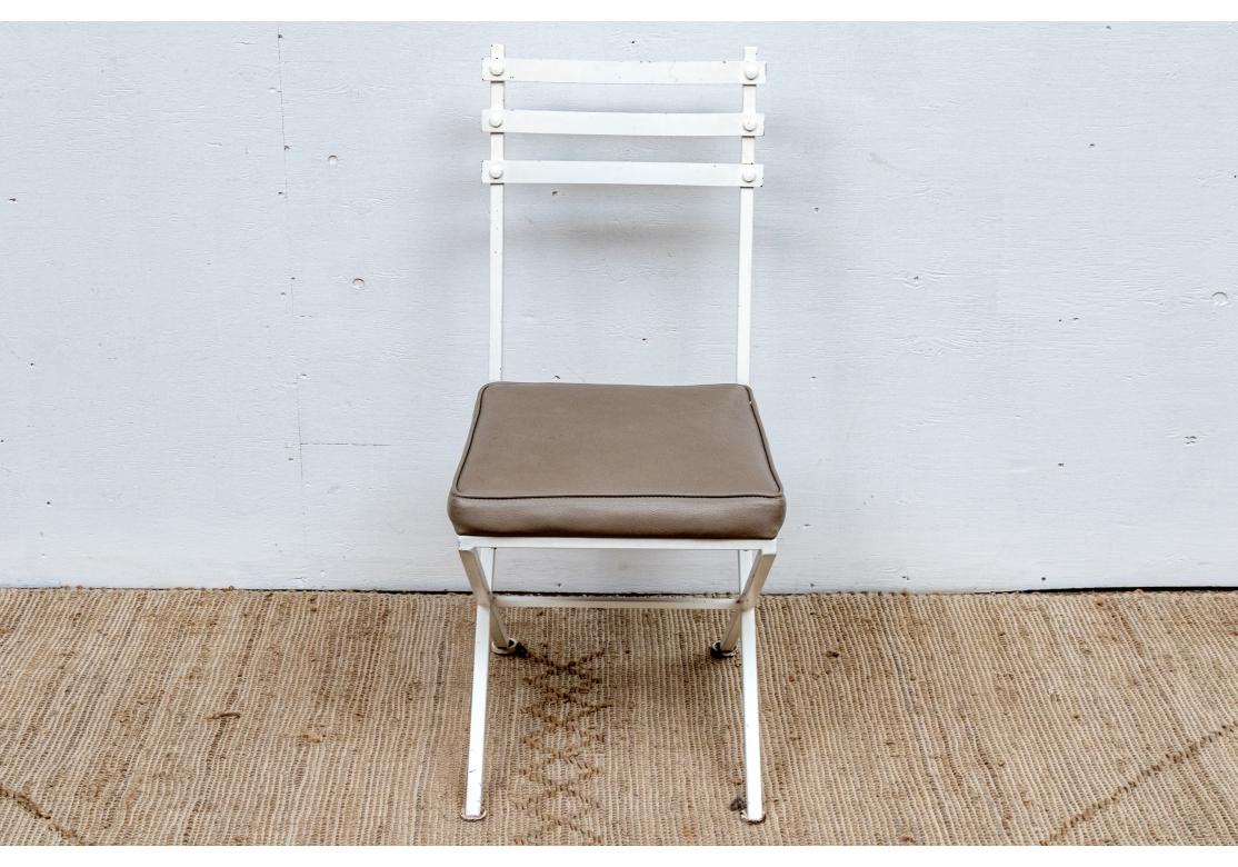 Set Of 5 Mid Century Style Paint Decorated Iron Chairs With Faux Leather Seats In Distressed Condition For Sale In Bridgeport, CT
