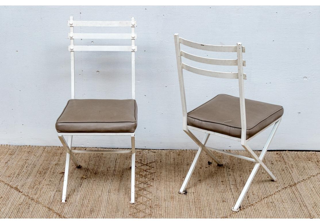 20th Century Set Of 5 Mid Century Style Paint Decorated Iron Chairs With Faux Leather Seats For Sale