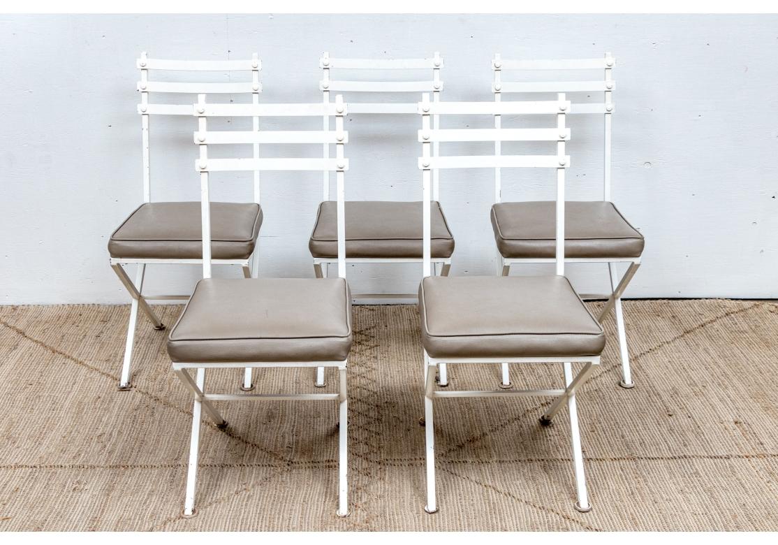 Set Of 5 Mid Century Style Paint Decorated Iron Chairs With Faux Leather Seats For Sale 2