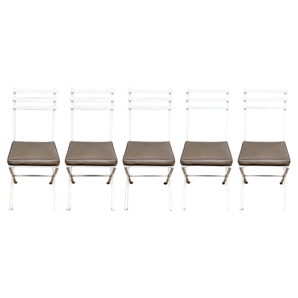 Set Of 5 Mid Century Style Paint Decorated Iron Chairs With Faux Leather Seats For Sale