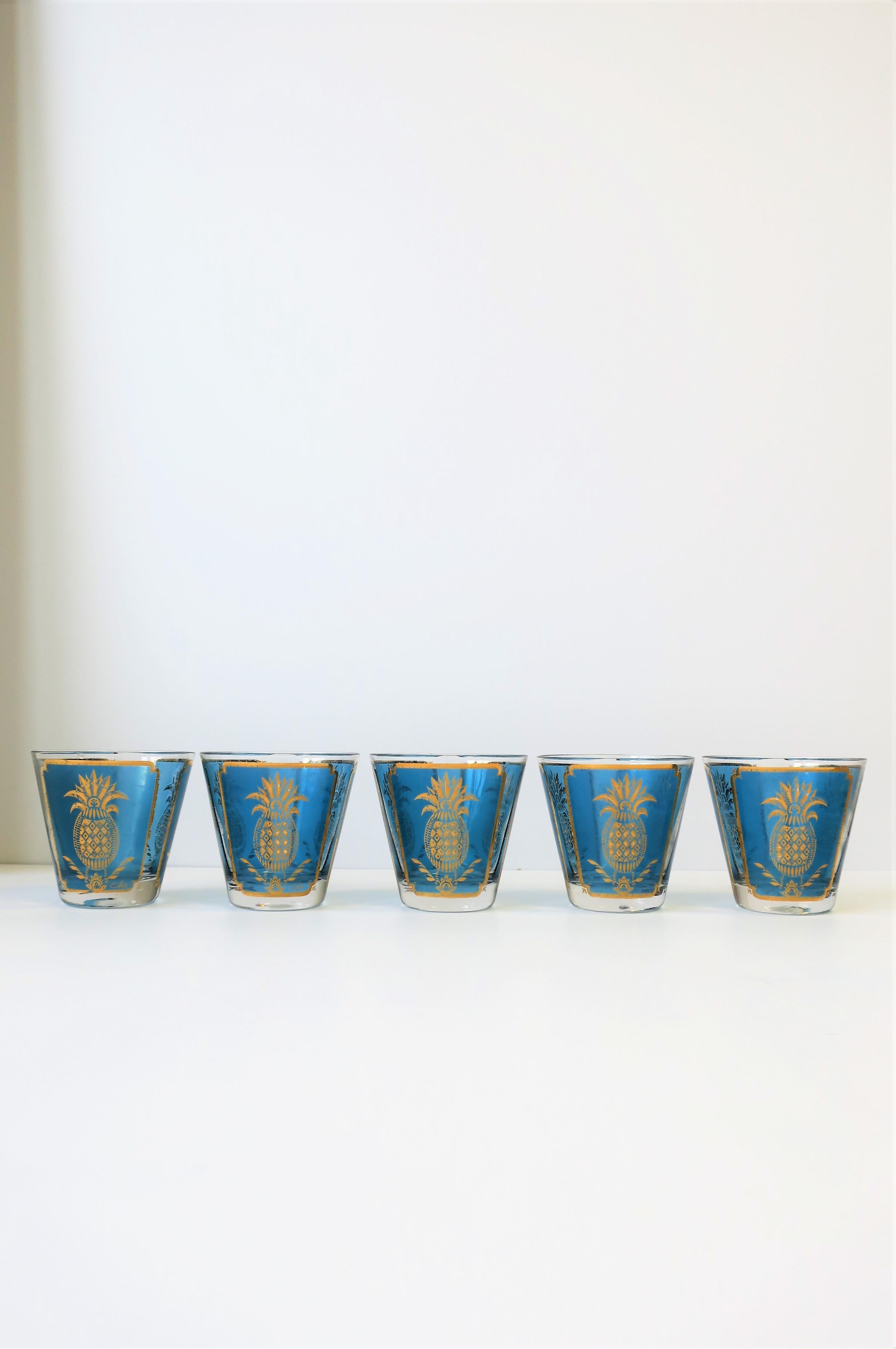 Hollywood Regency Midcentury Blue and Gold Rocks Cocktail Glasses with Pineapple Design