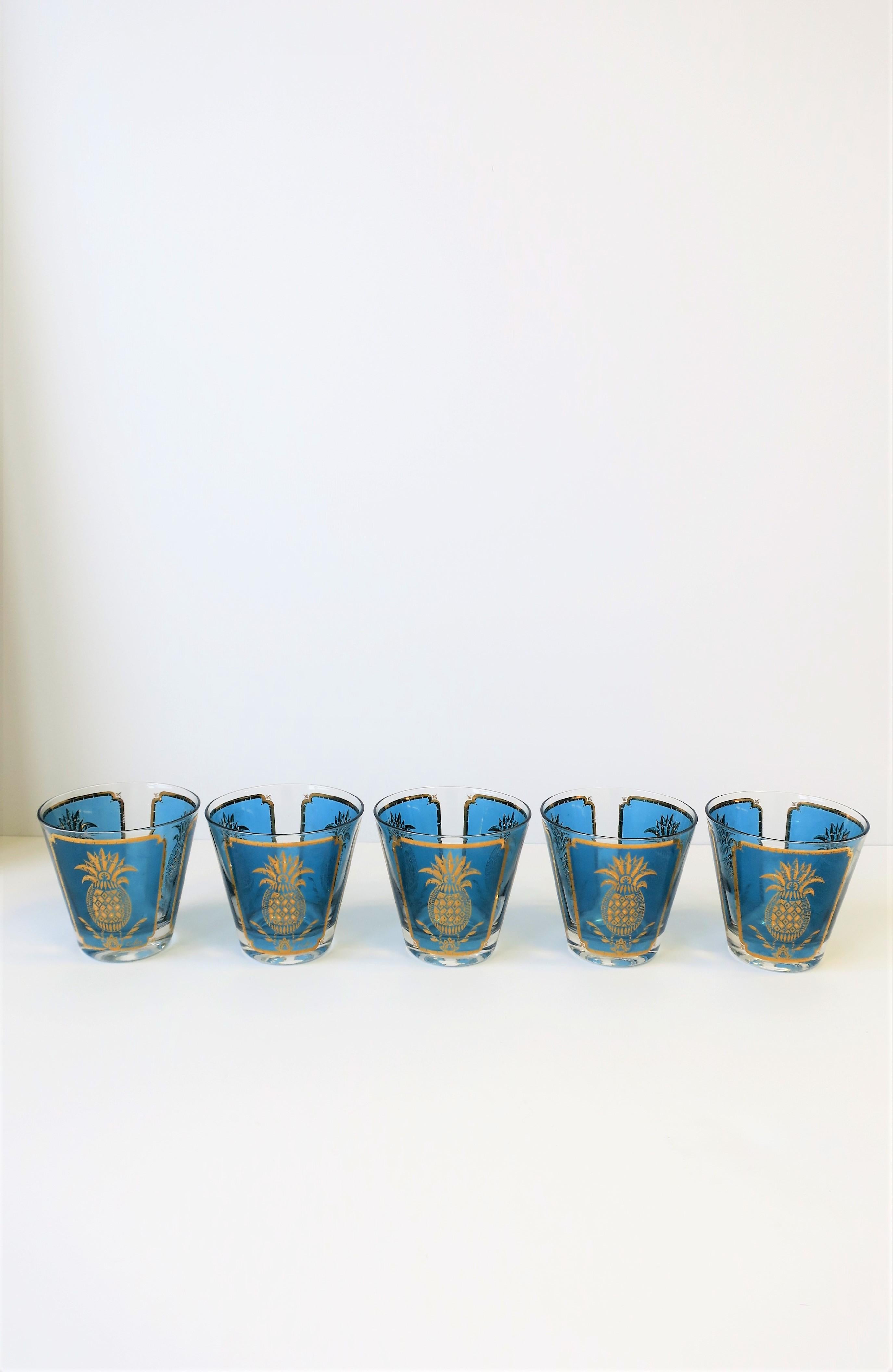American Midcentury Blue and Gold Rocks Cocktail Glasses with Pineapple Design