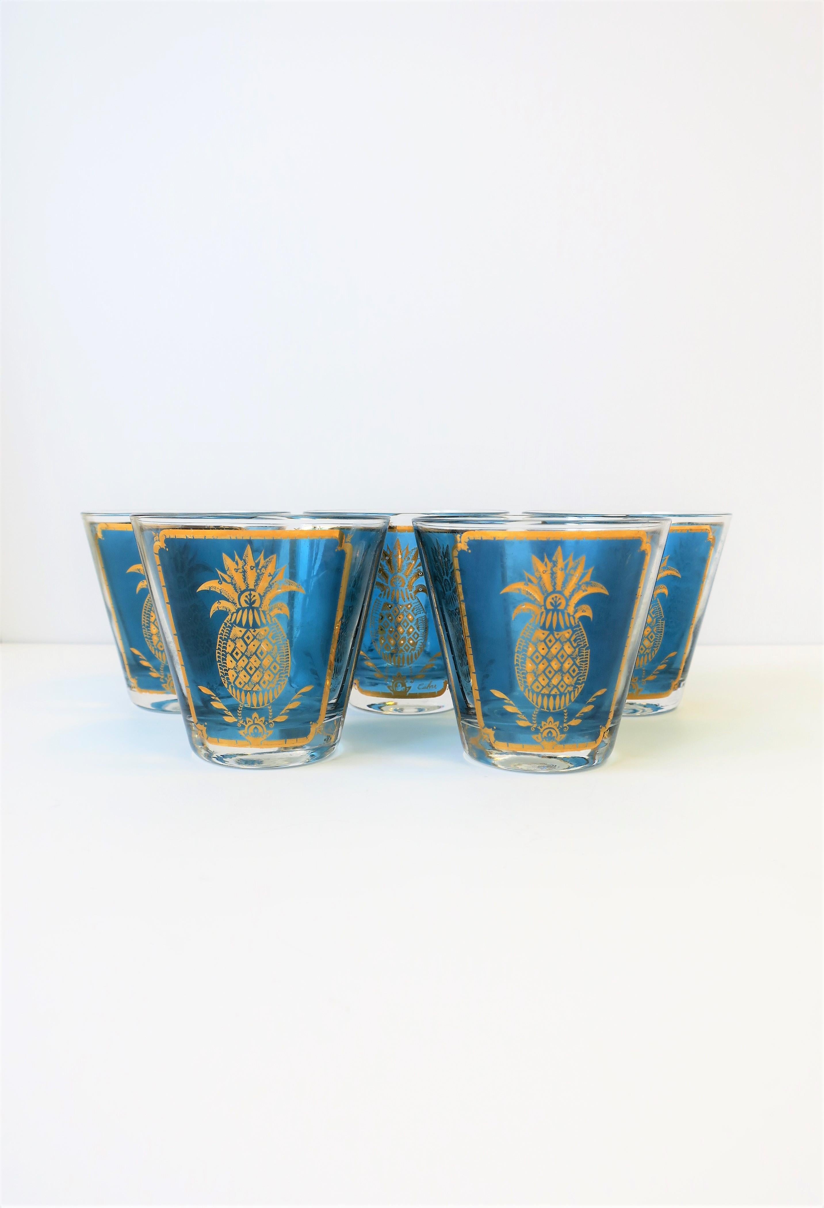 Polychromed Midcentury Blue and Gold Rocks Cocktail Glasses with Pineapple Design
