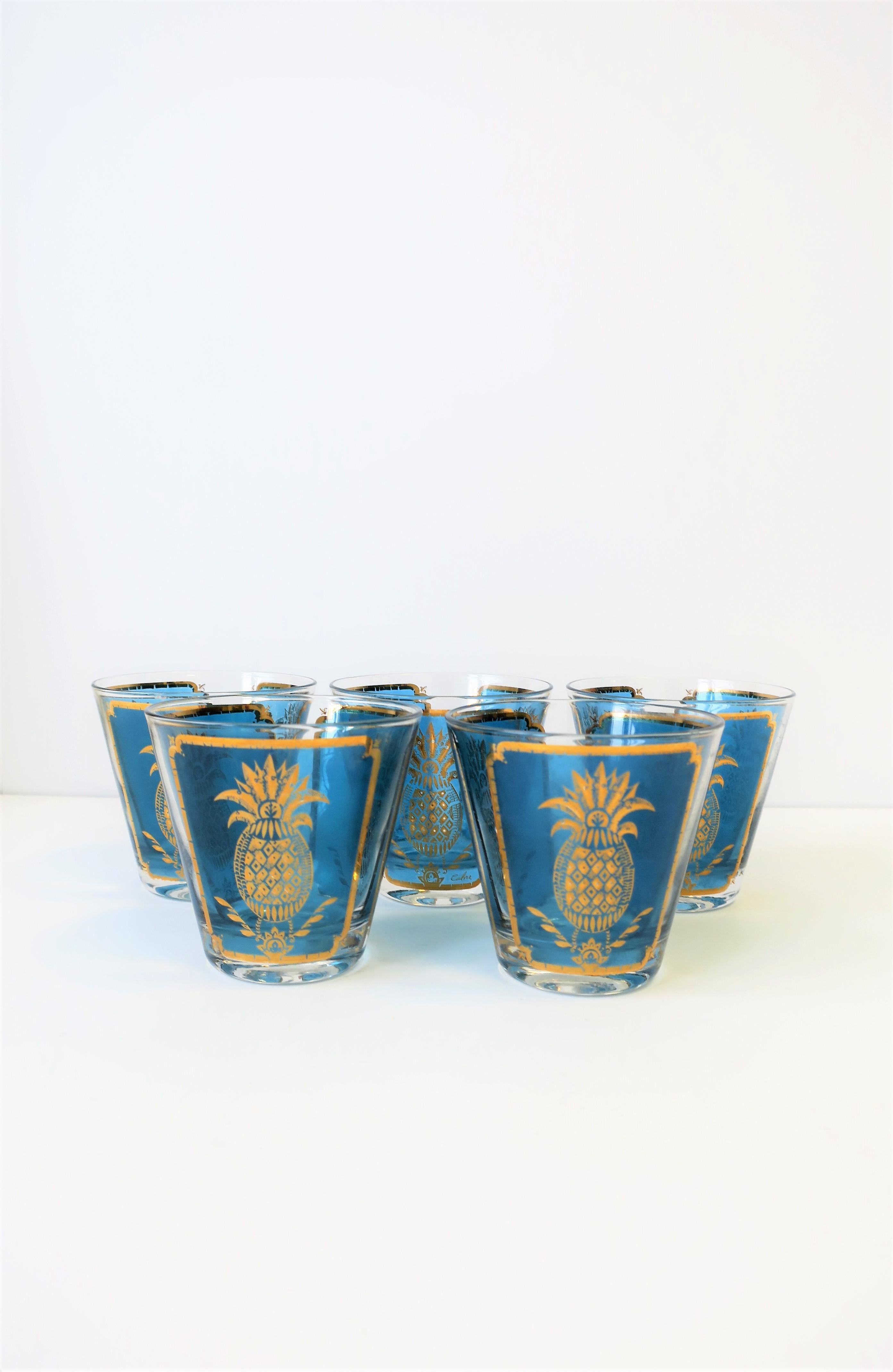 Midcentury Blue and Gold Rocks Cocktail Glasses with Pineapple Design In Good Condition In New York, NY