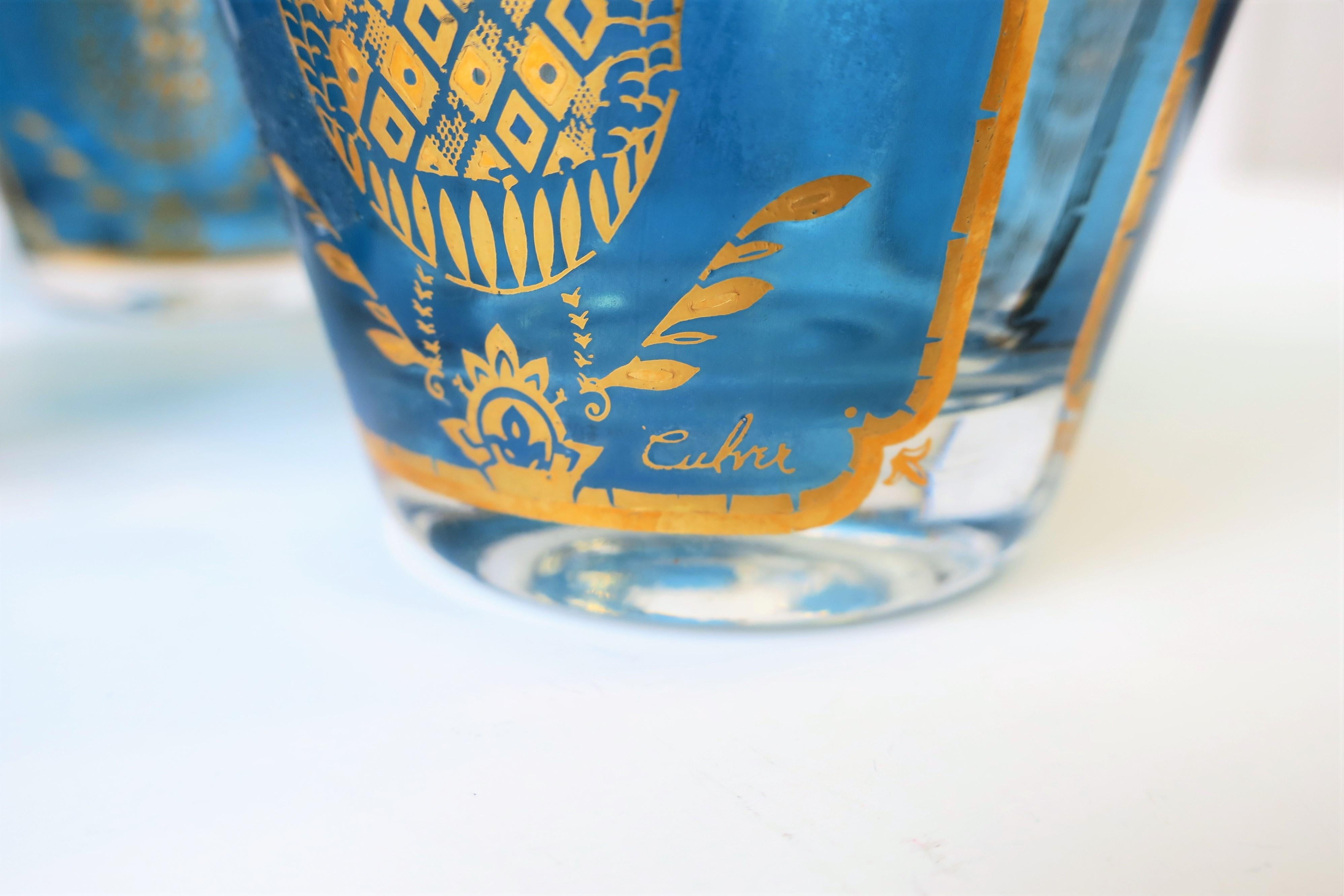 20th Century Midcentury Blue and Gold Rocks Cocktail Glasses with Pineapple Design