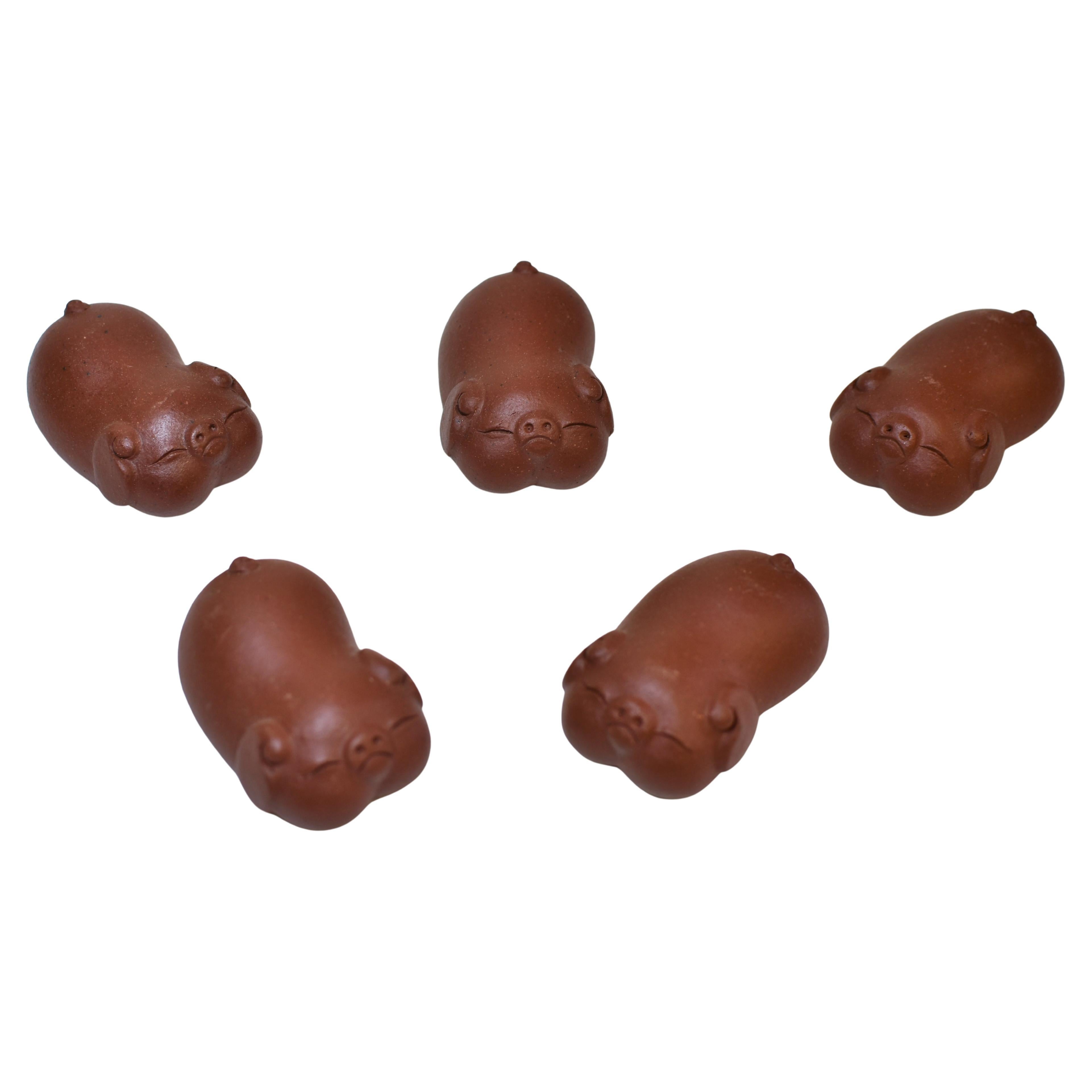 Set of 5 Mini Pigs Earthenware Pottery Tea Pets Paperweights