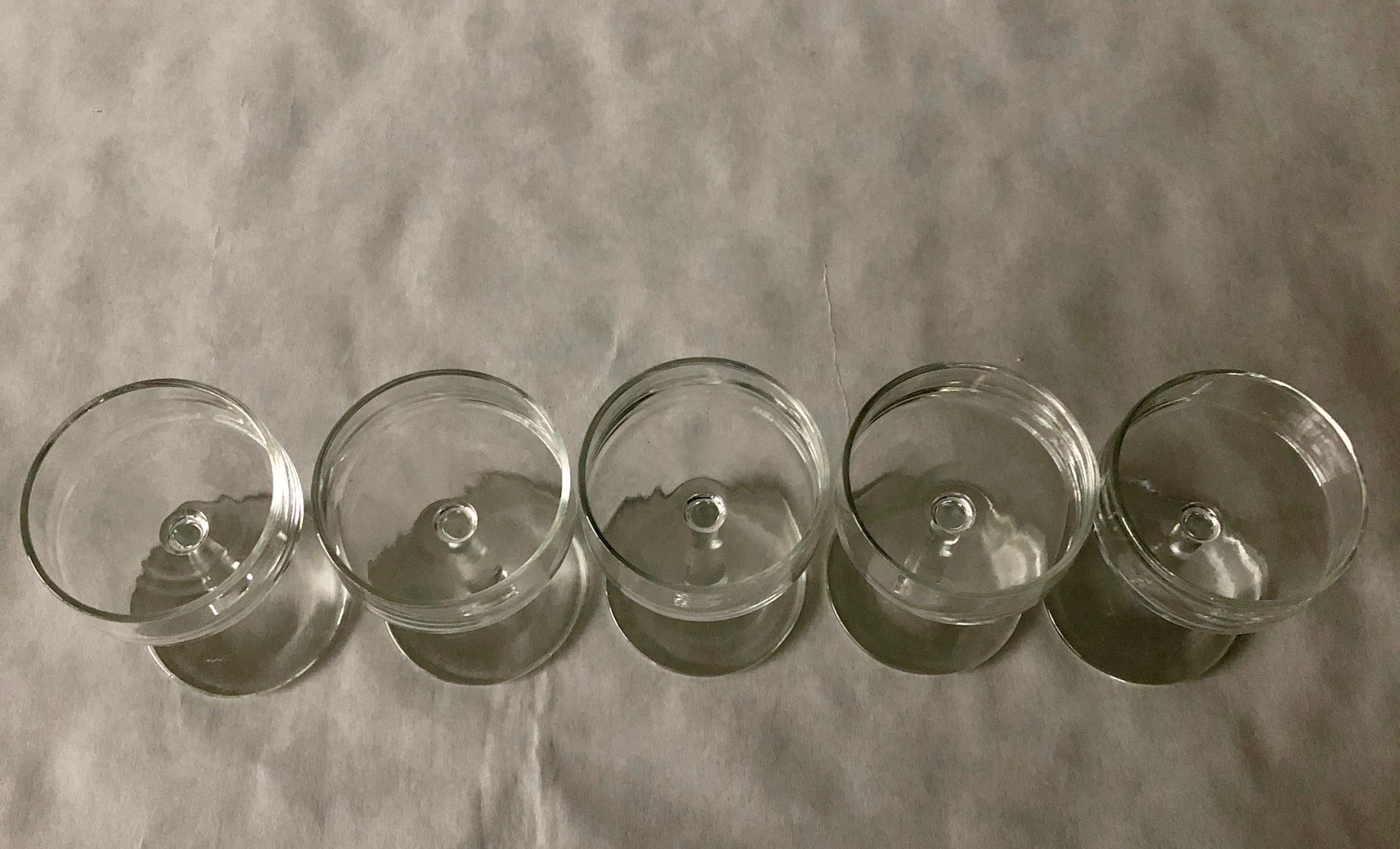 20th Century Set of 5 Minimalist Petite Glass Champagne Coupes / Sherbet Bowls with Stem For Sale