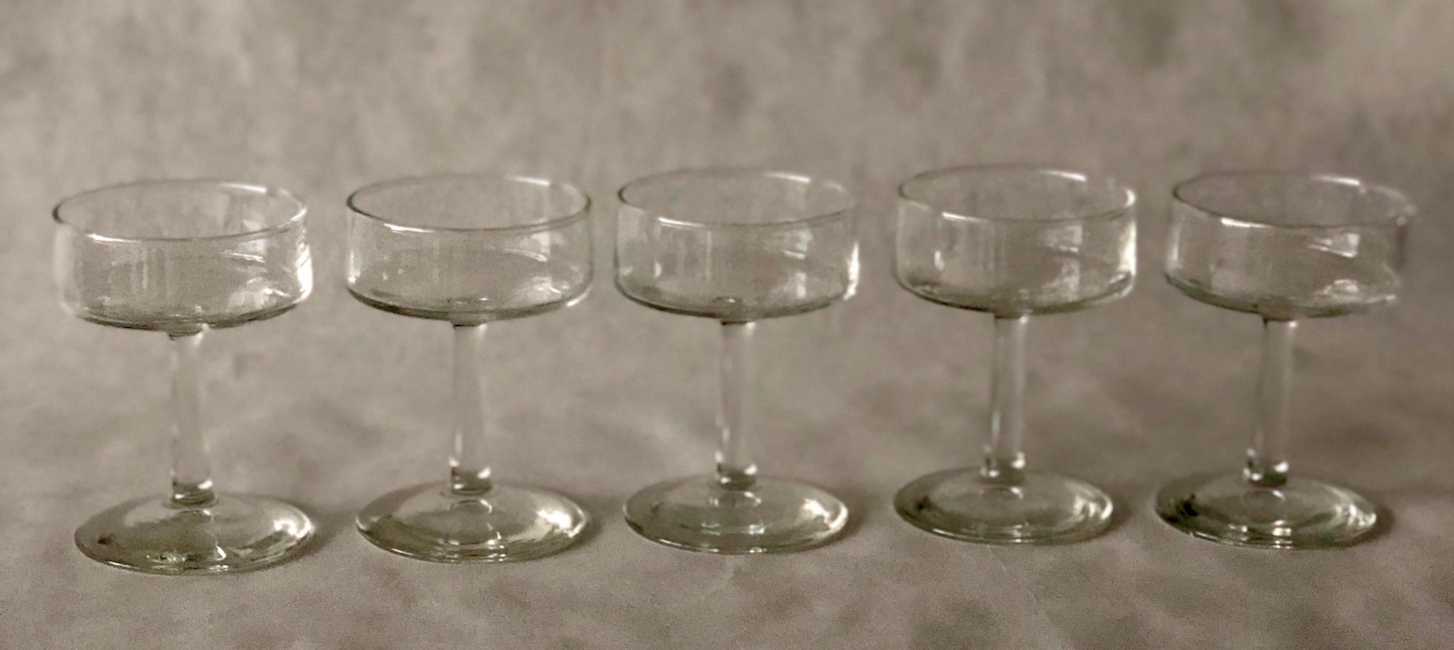 Blown Glass Set of 5 Minimalist Petite Glass Champagne Coupes / Sherbet Bowls with Stem For Sale