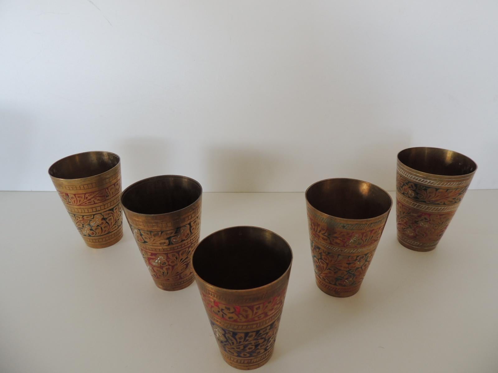 Moorish Set of '5' Moroccan Hand Painted Brass Drinking Cups