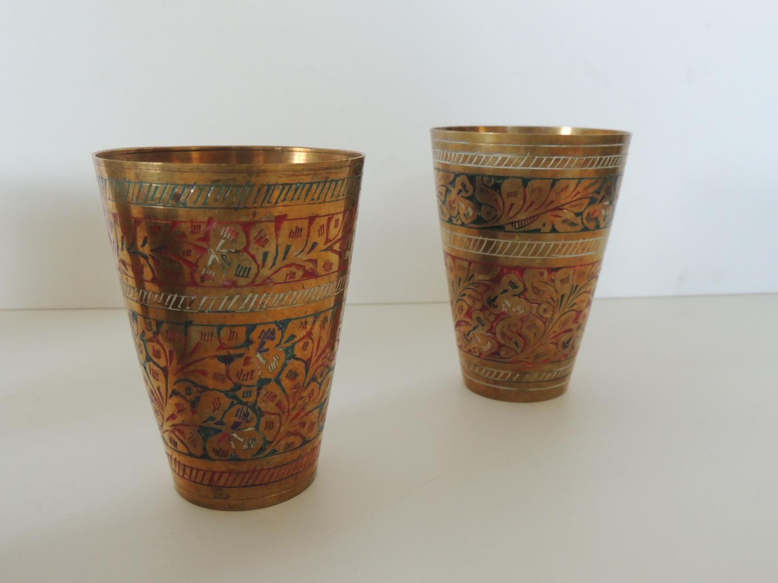 Hand-Crafted Set of '5' Moroccan Hand Painted Brass Drinking Cups