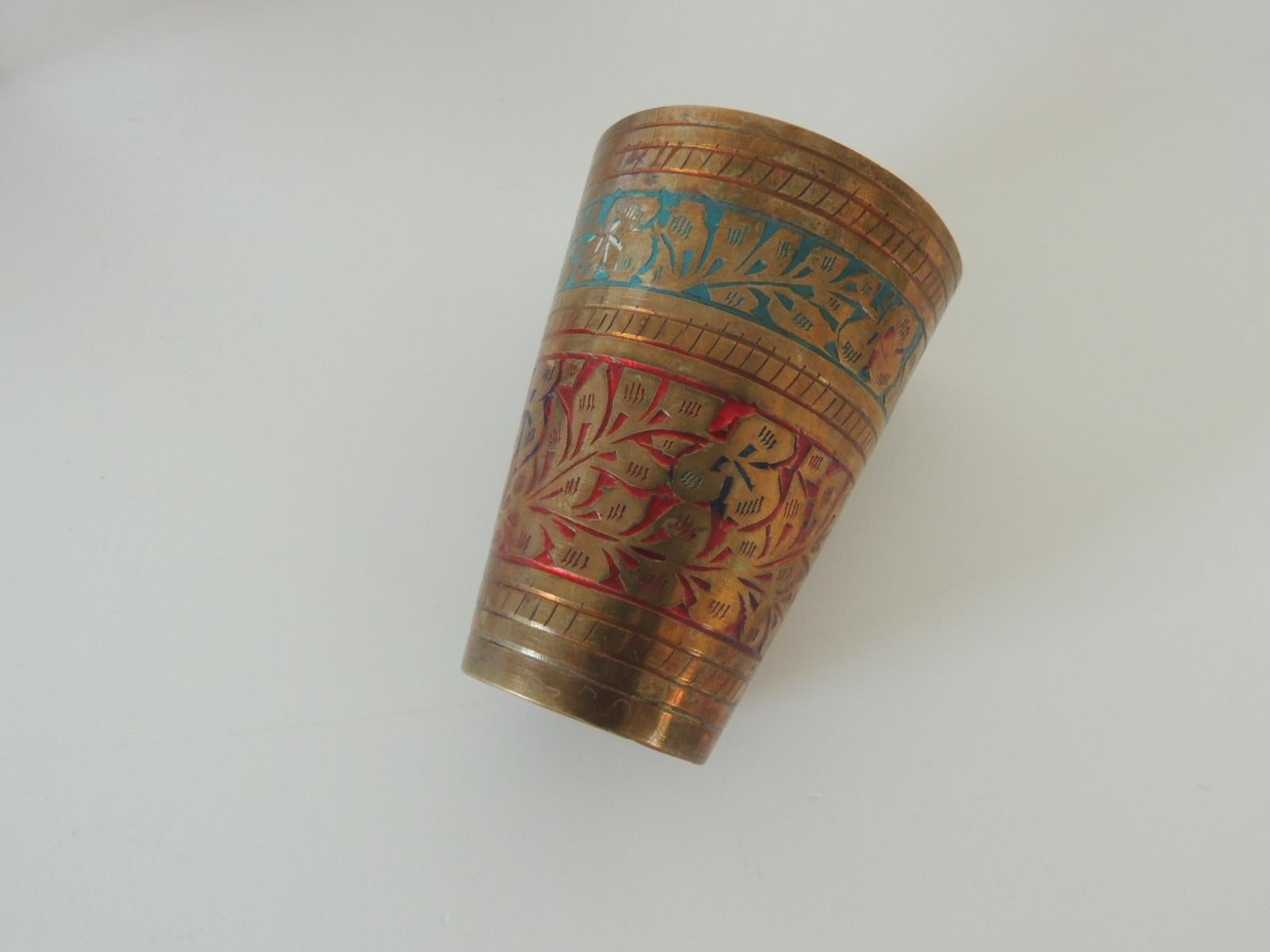 Set of '5' Moroccan Hand Painted Brass Drinking Cups In Good Condition In Oakland Park, FL