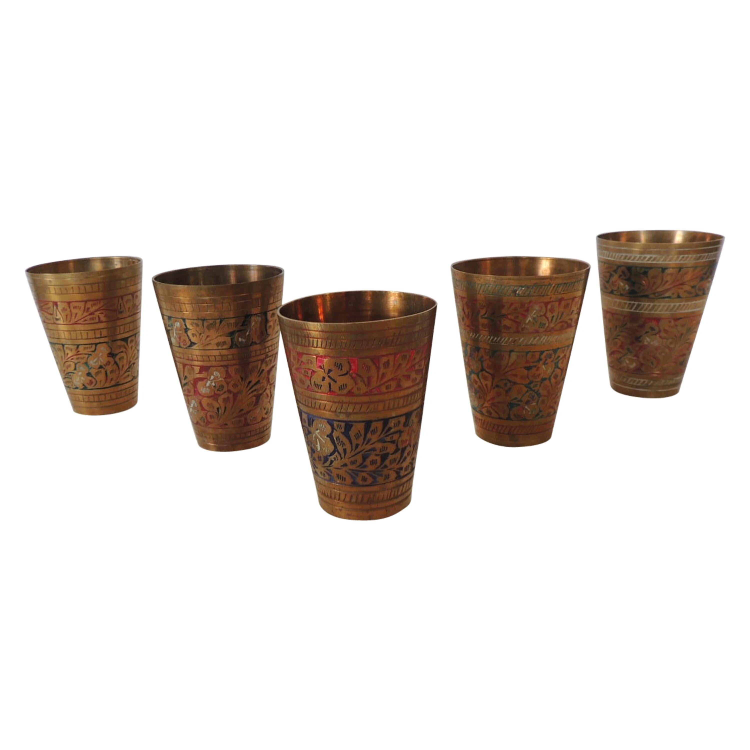 Set of '5' Moroccan Hand Painted Brass Drinking Cups