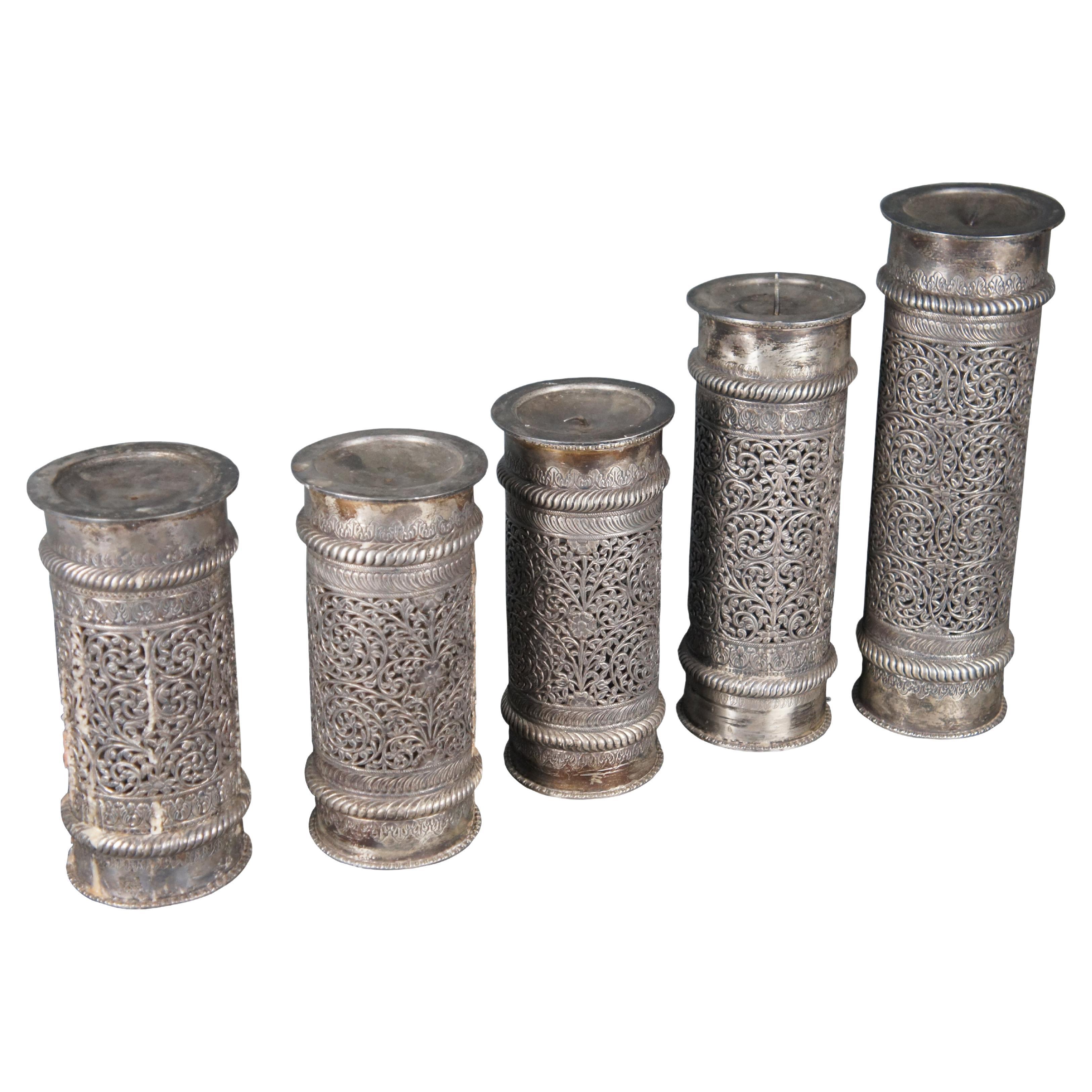 Set of 5 Moroccan Reticulated Silver Ornate Candlesticks Candle Holder 9" 13" For Sale