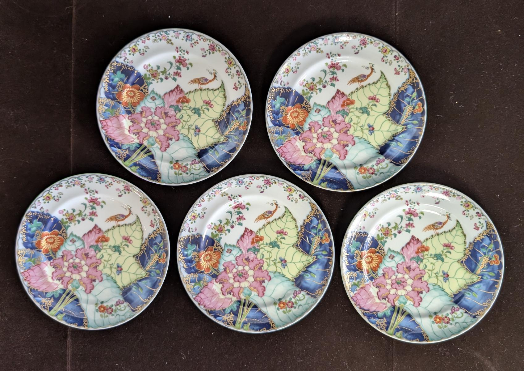Chinoiserie Set of 5 Mottahedeh “Tobacco Leaf” Bread & Butter Plates For Sale