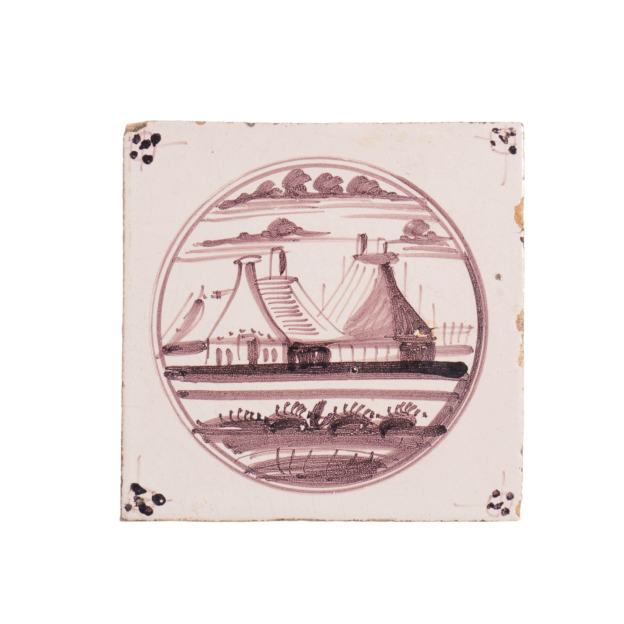 Set of 5 mulberry landscape Delft faience tiles, c. 1680-1720 For Sale 4