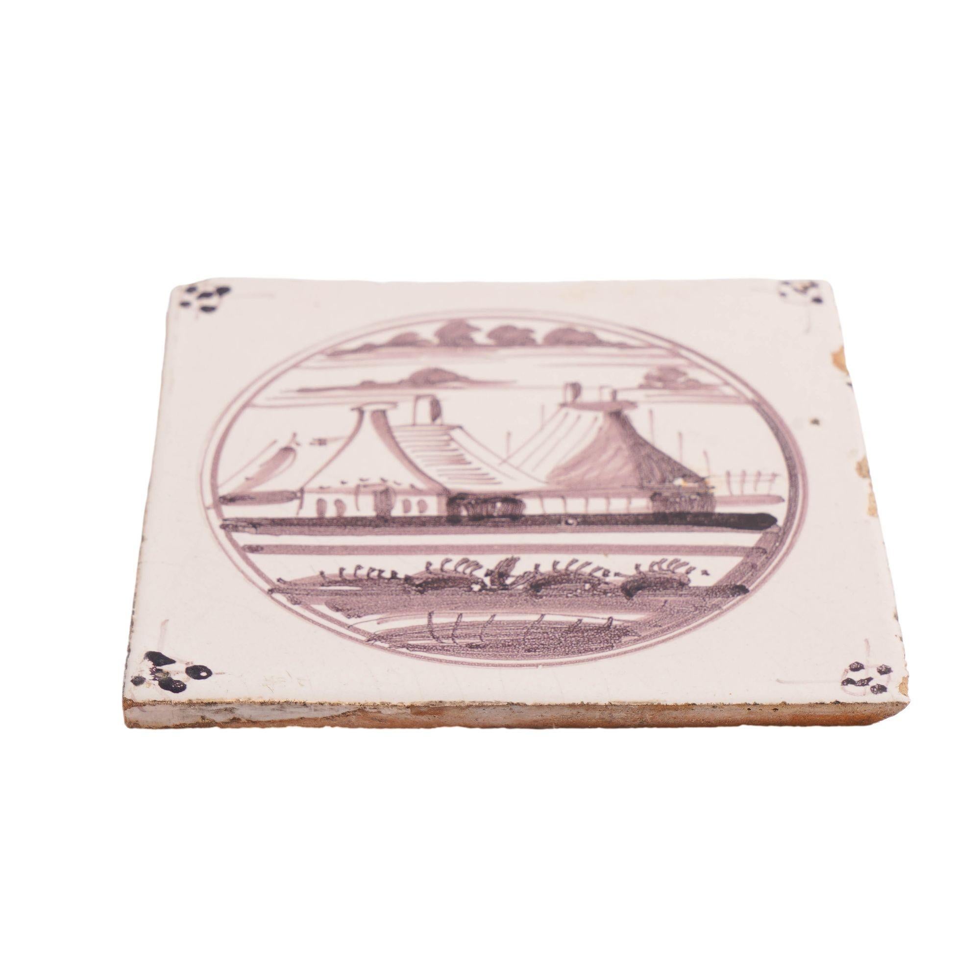 Set of 5 mulberry landscape Delft faience tiles, c. 1680-1720 For Sale 5