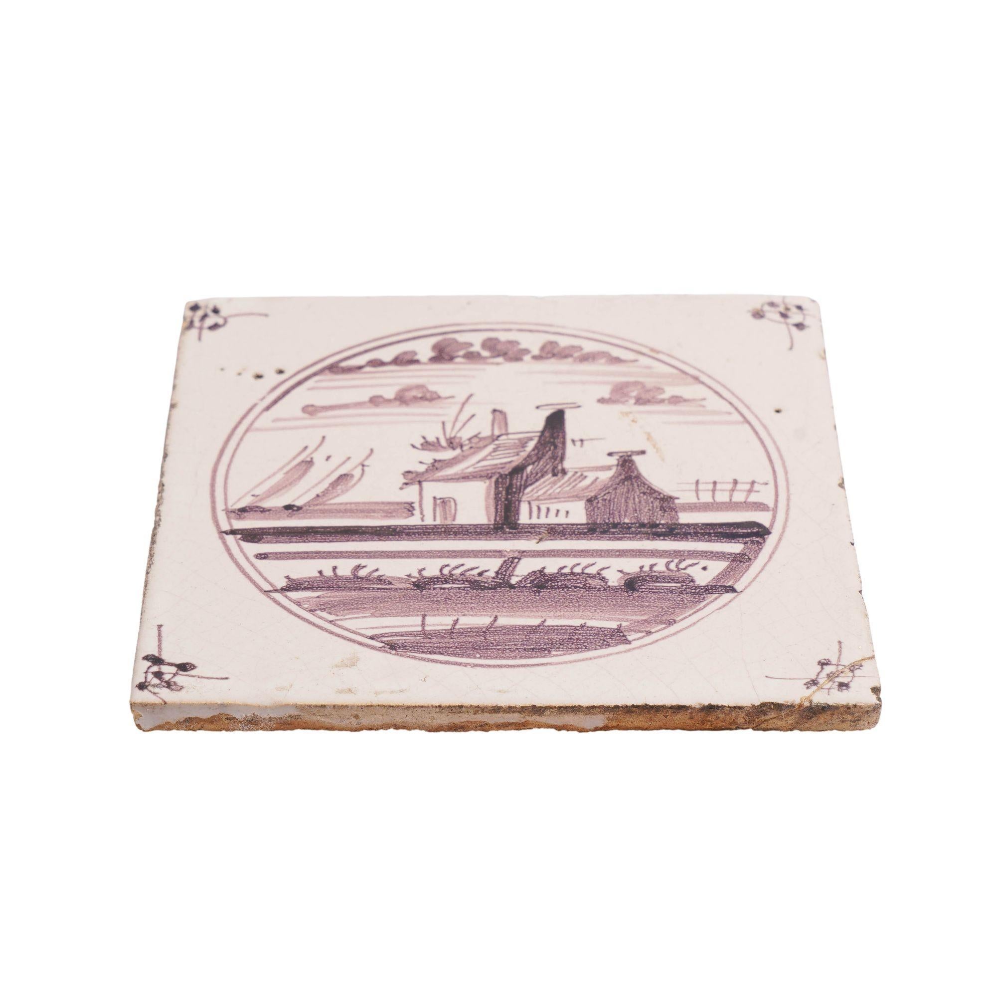 Set of 5 mulberry landscape Delft faience tiles, c. 1680-1720 For Sale 8