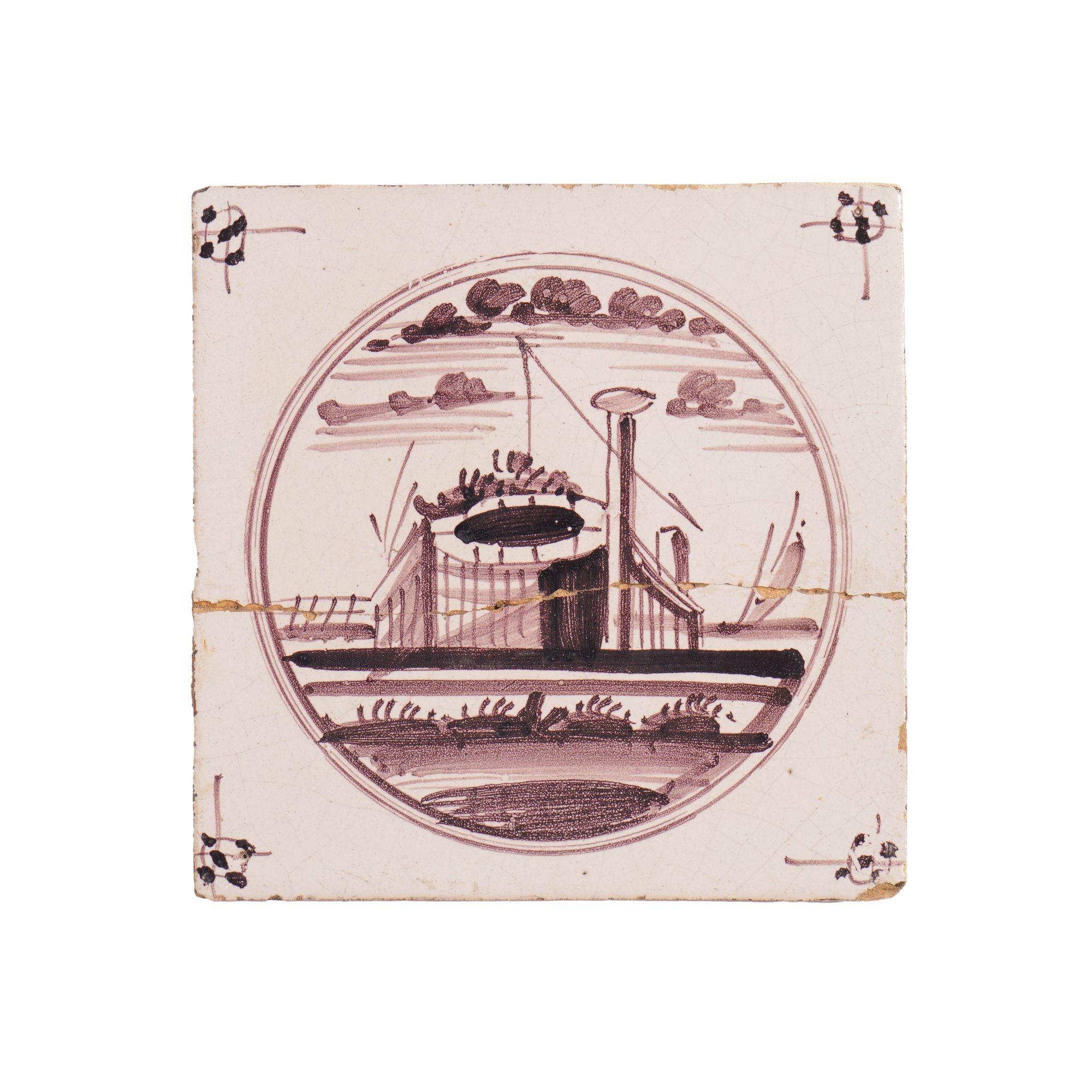 Set of 5 mulberry decorated Delft faience landscape tiles. The scenes of buildings are delineated within an inscribed circle on a square tile with spider scroll work corners. One tile has been broken and repaired. Chips, marks, and losses