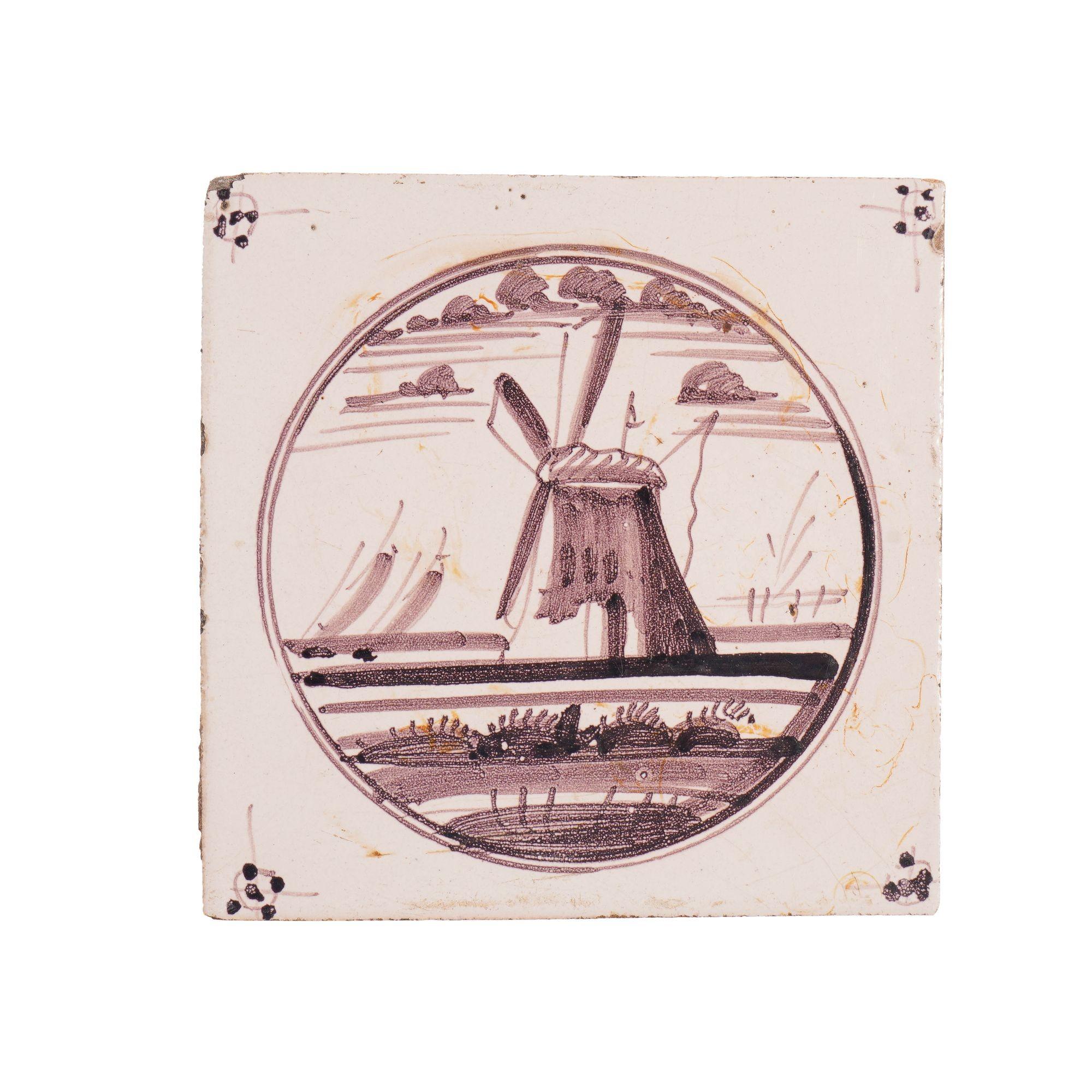 18th Century and Earlier Set of 5 mulberry landscape Delft faience tiles, c. 1680-1720 For Sale