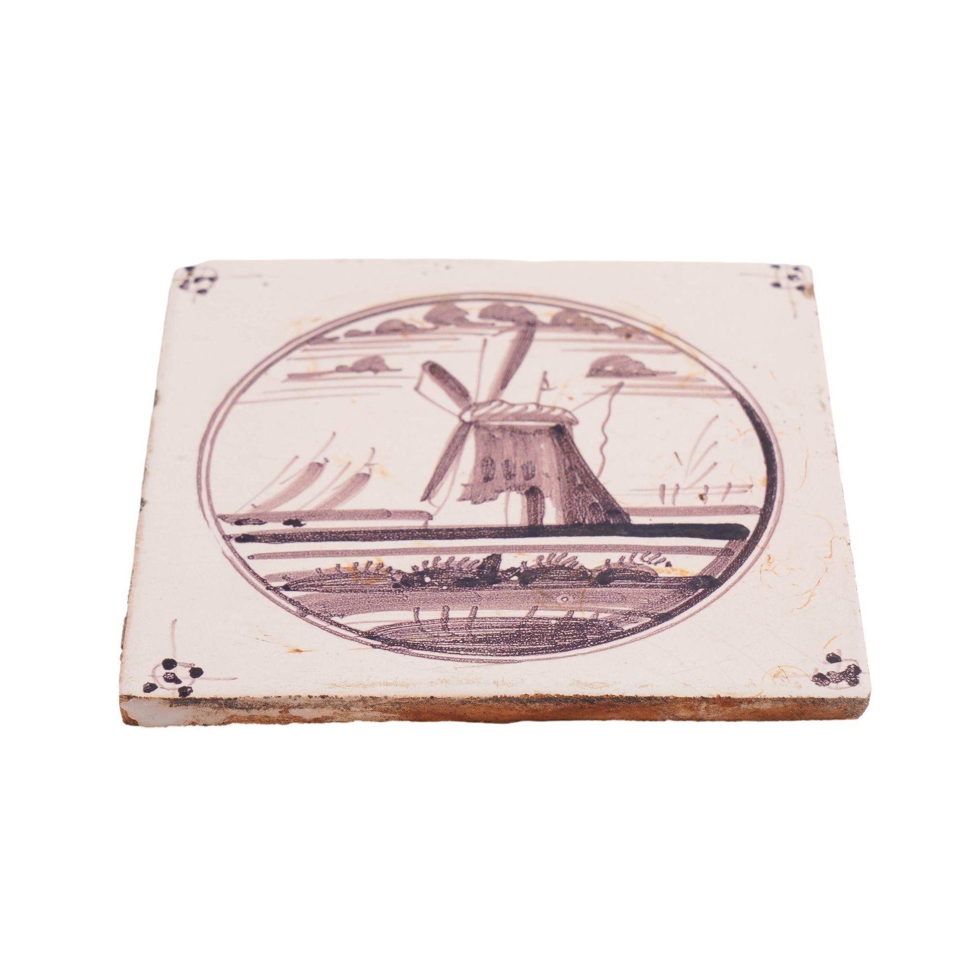 Faience Set of 5 mulberry landscape Delft faience tiles, c. 1680-1720 For Sale