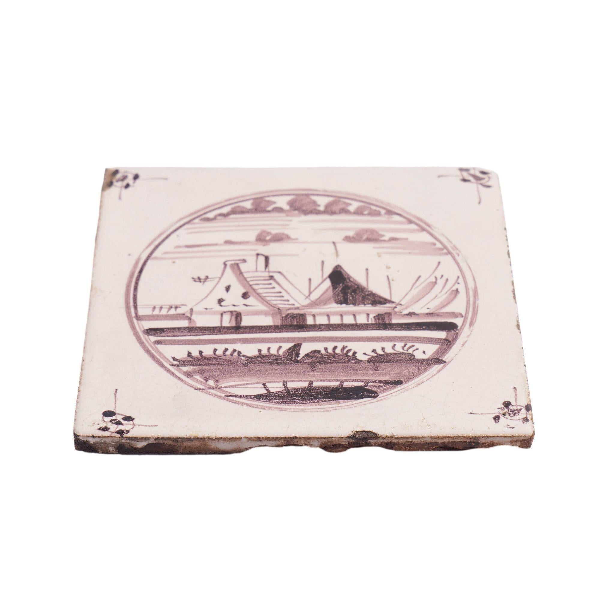 Set of 5 mulberry landscape Delft faience tiles, c. 1680-1720 For Sale 3