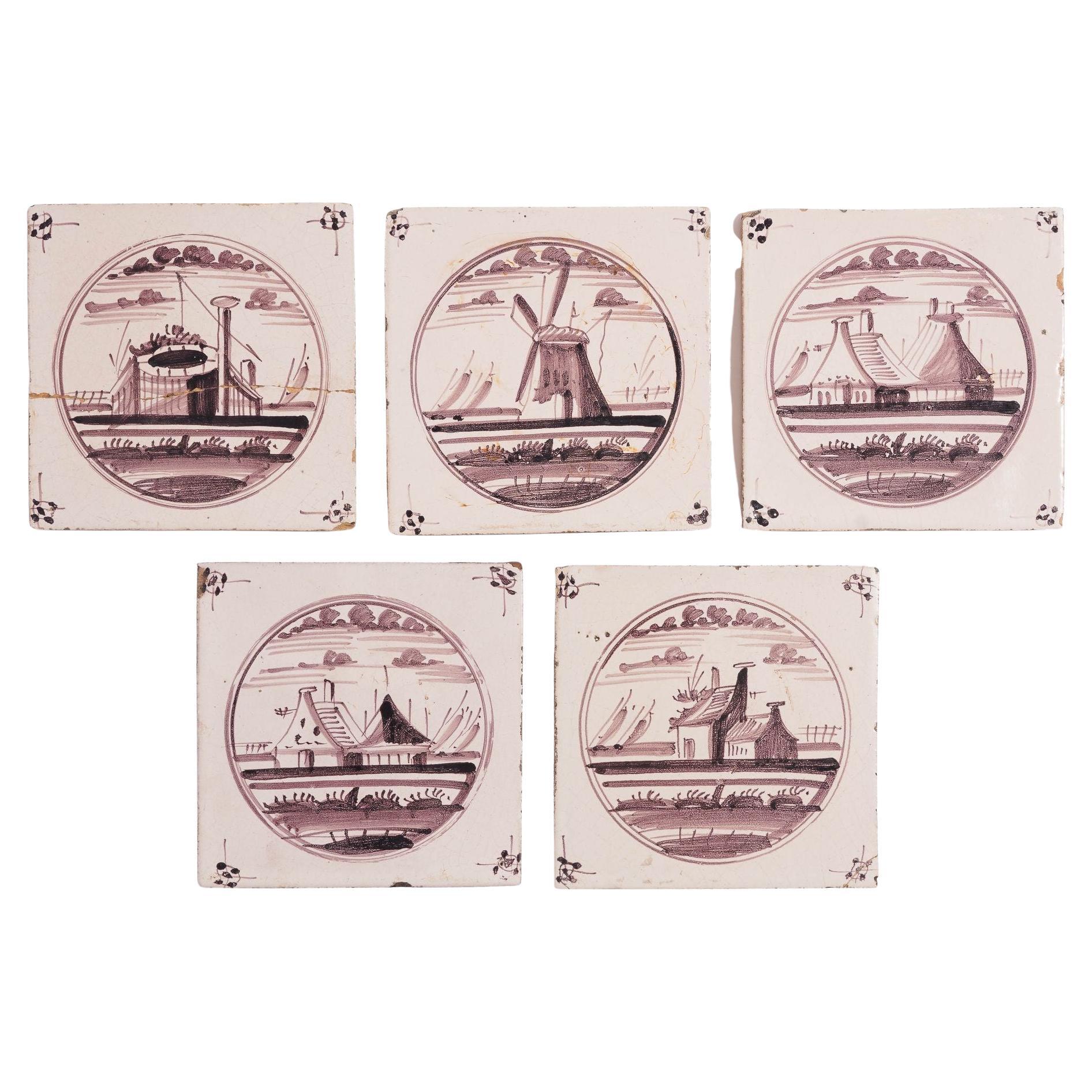Set of 5 mulberry landscape Delft faience tiles, c. 1680-1720 For Sale