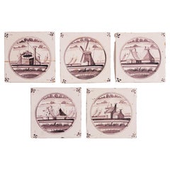 Set of 5 mulberry landscape Delft faience tiles, c. 1680-1720