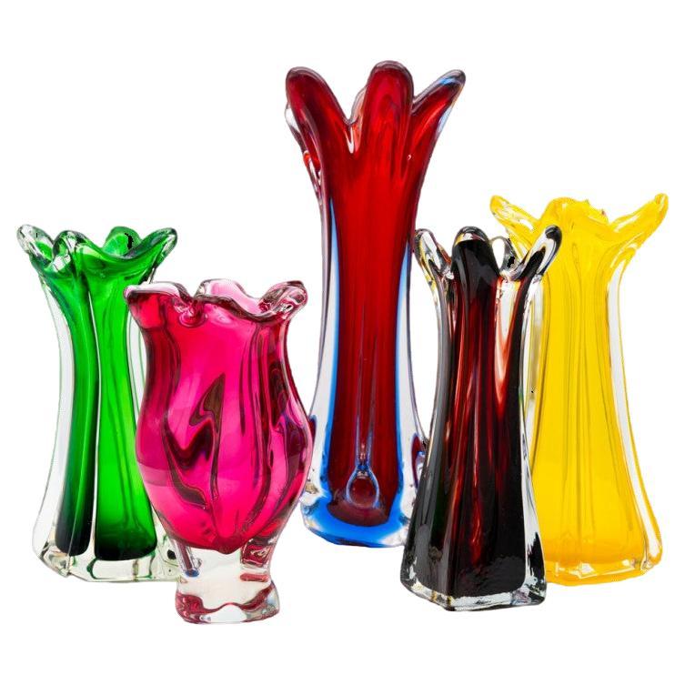 Set of 5 Murano Multicoloured Glass Vases, Italy, 1970 For Sale at 1stDibs
