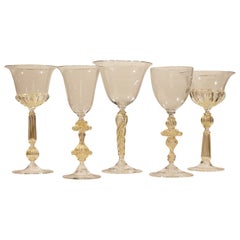 Set of 5 Murano Venetian Crystal Signoretto Wine Glasses
