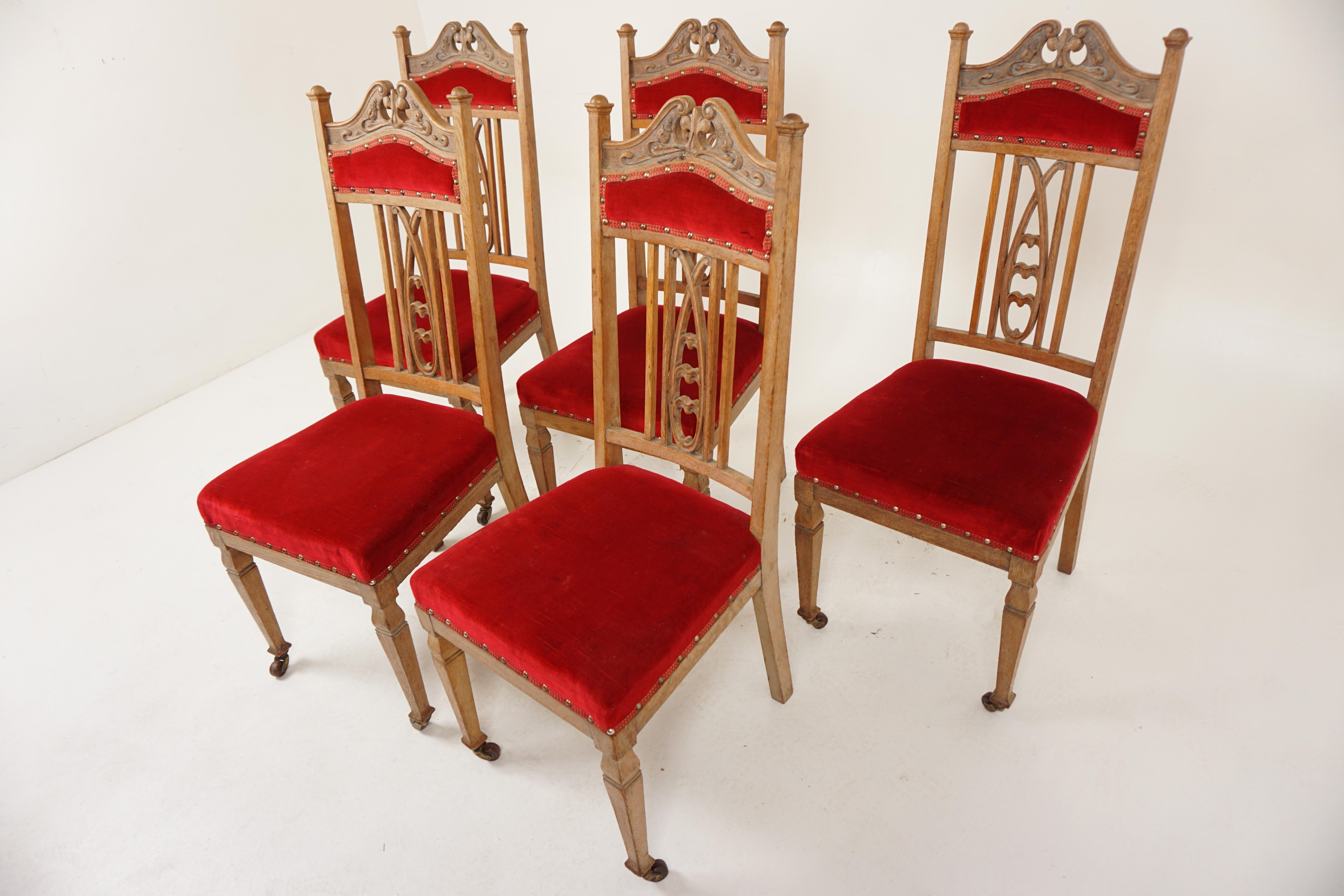 Set of 5 Oak Art Nouveau, Arts & Crafts Dining Chairs, Scotland 1900, H1013

Solid Oak
Original finish
The top splat with art nouveau carving
Flanked by a pair of rectangular upright supports with rounded top
Padded support to the back with four