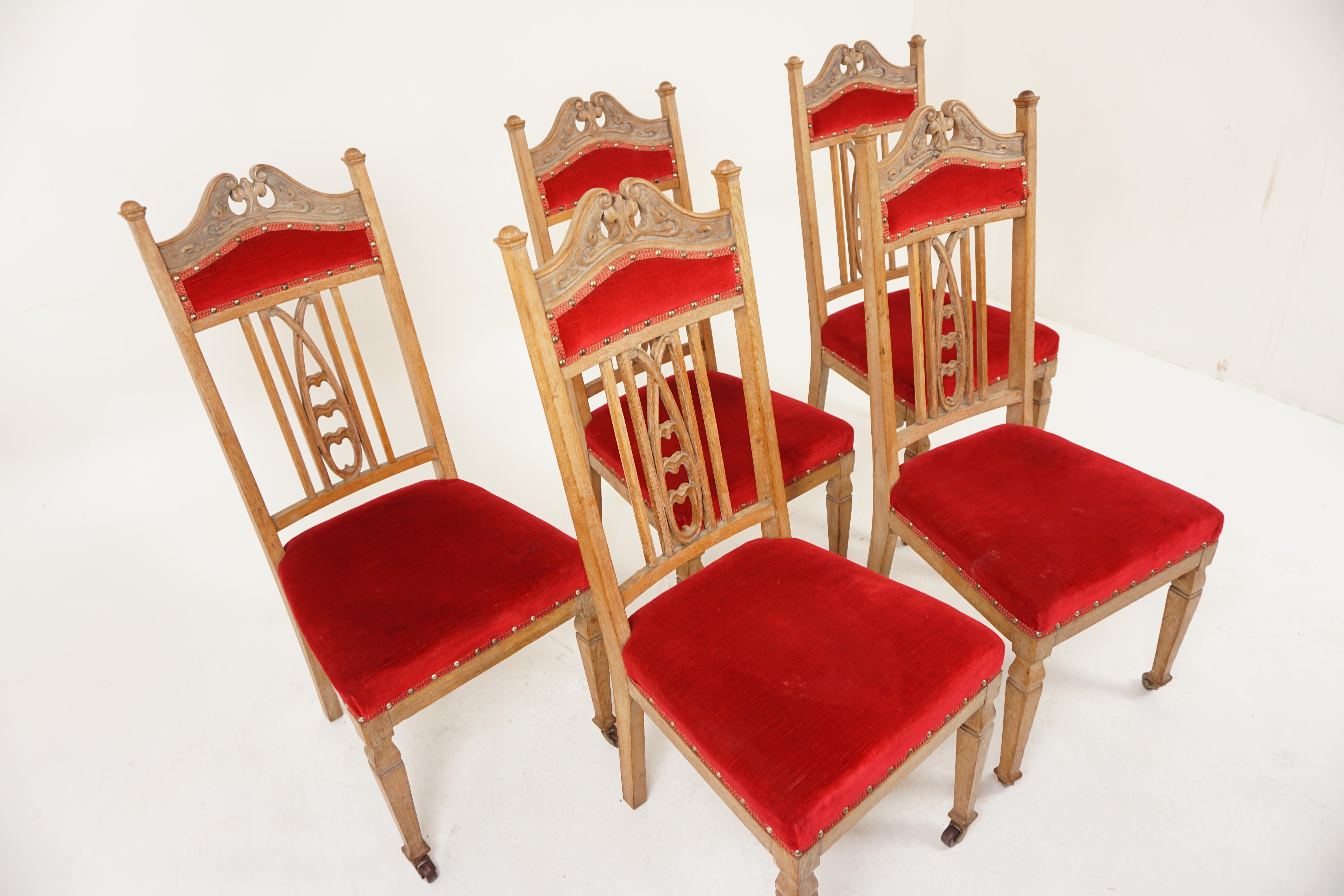 Art nouveau Ensemble de 5 chaises de salle à manger en chêne Art Nouveau, Arts & Crafts, Écosse 1900, H1013 en vente