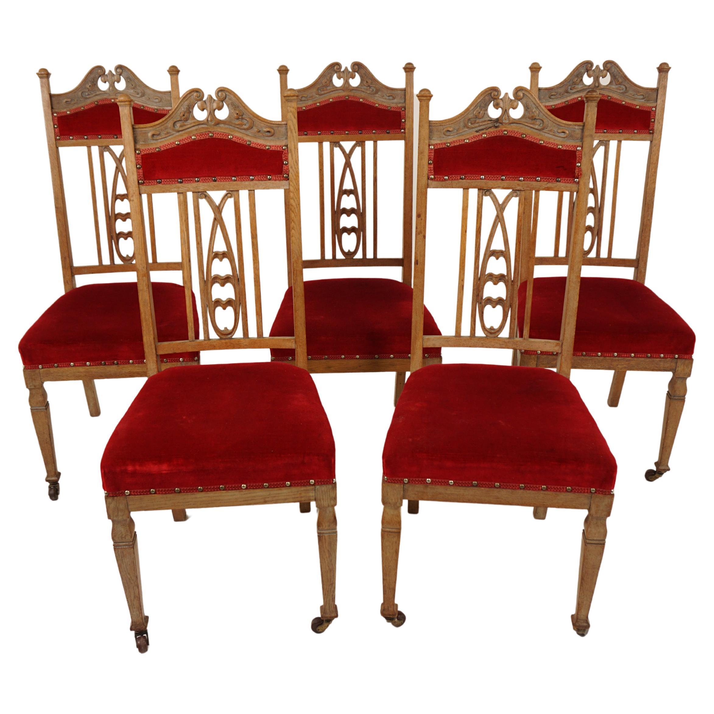 Set of 5 Oak Art Nouveau, Arts & Crafts Dining Chairs, Scotland 1900, H1013 For Sale