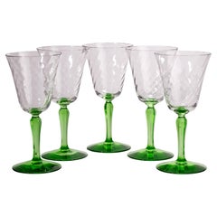 Set of 5 Op-Art Goblets Glasses, Uranium Green Glass Glow in UV Light
