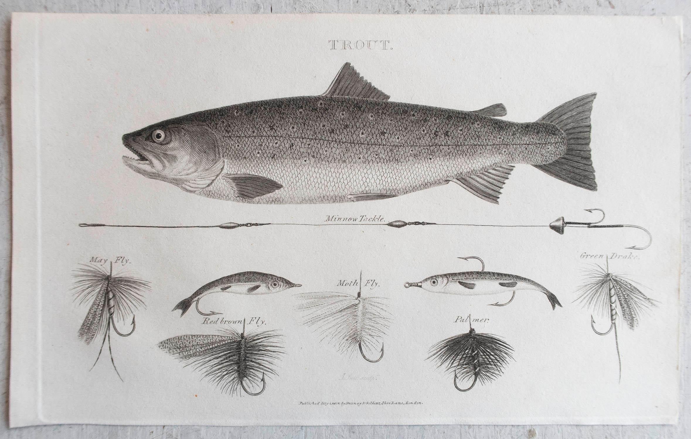 Folk Art Set of 5 Original Antique Fishing / Angling Prints, Dated 1801 For Sale