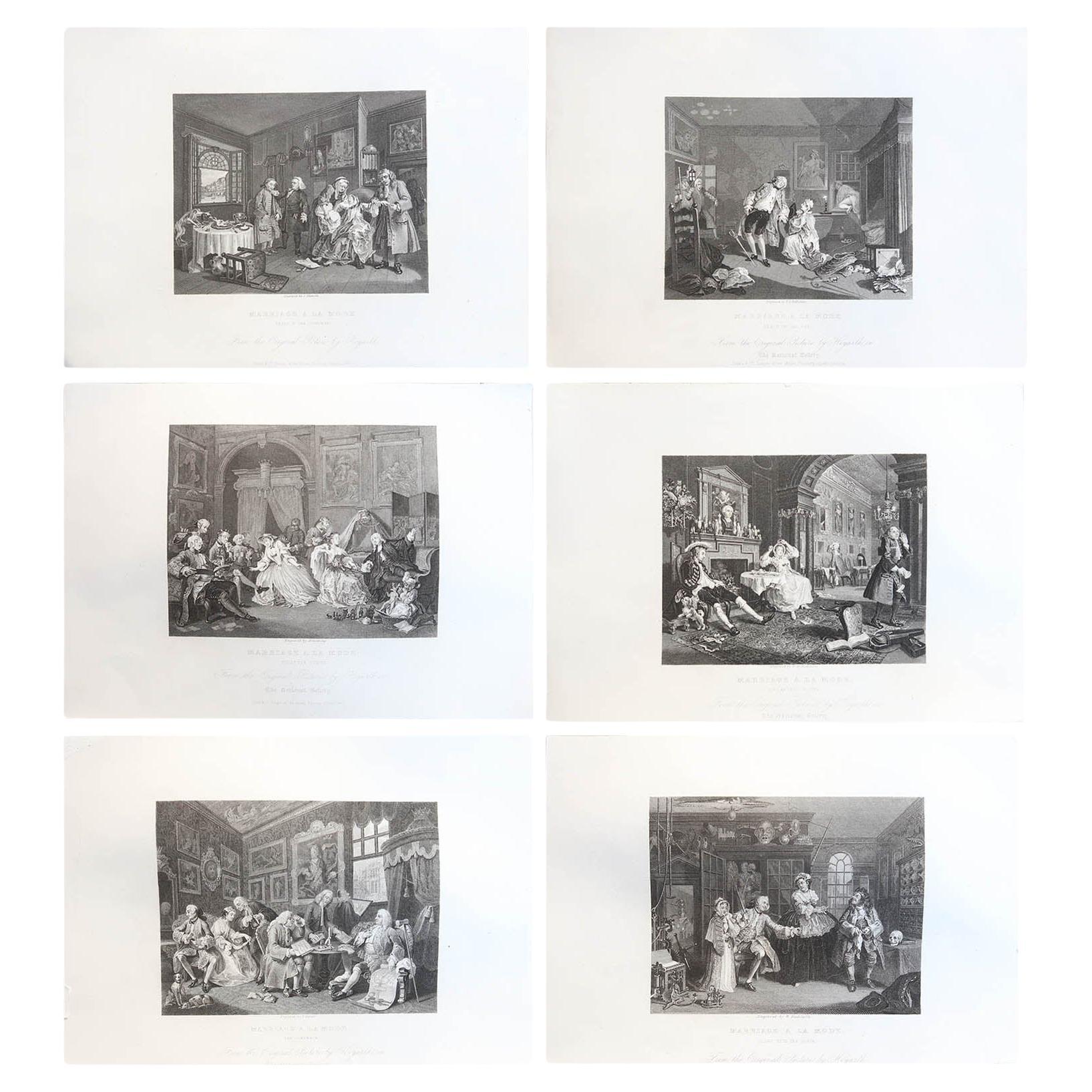Set di 6 stampe antiche originali di William Hogarth, "Matrimonio alla moda".